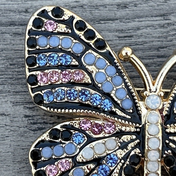 Butterfly Brooch Pin Pave Goldtone Metal Multicolored Crystals Modern - Picture 5 of 11